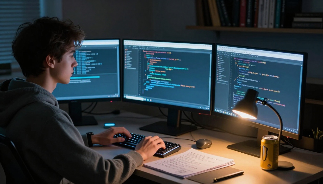 Developer coding late at night with multiple monitors displaying code in a dark home office