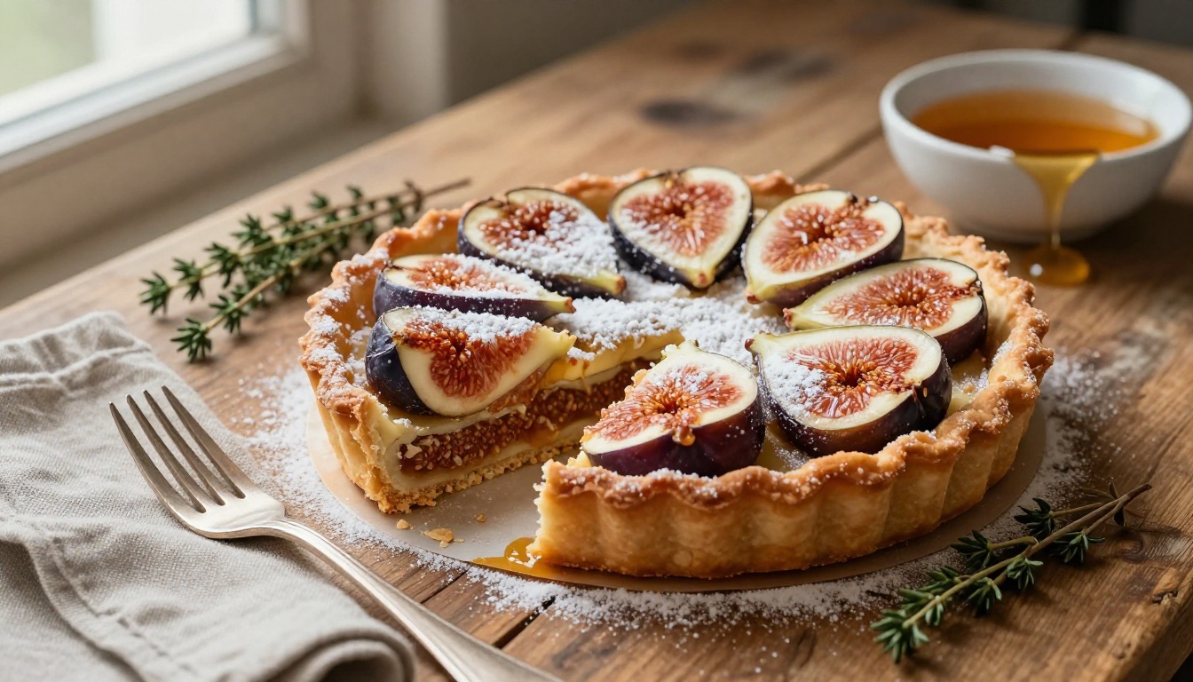 Photorealistic food photography of a fig tart with wet glistening surfaces, flaky pastry layers, honey drip, and rustic natural textures Photorealistic food photography of a fig tart with wet glistening surfaces, flaky pastry layers, honey drip, and rustic natural textures