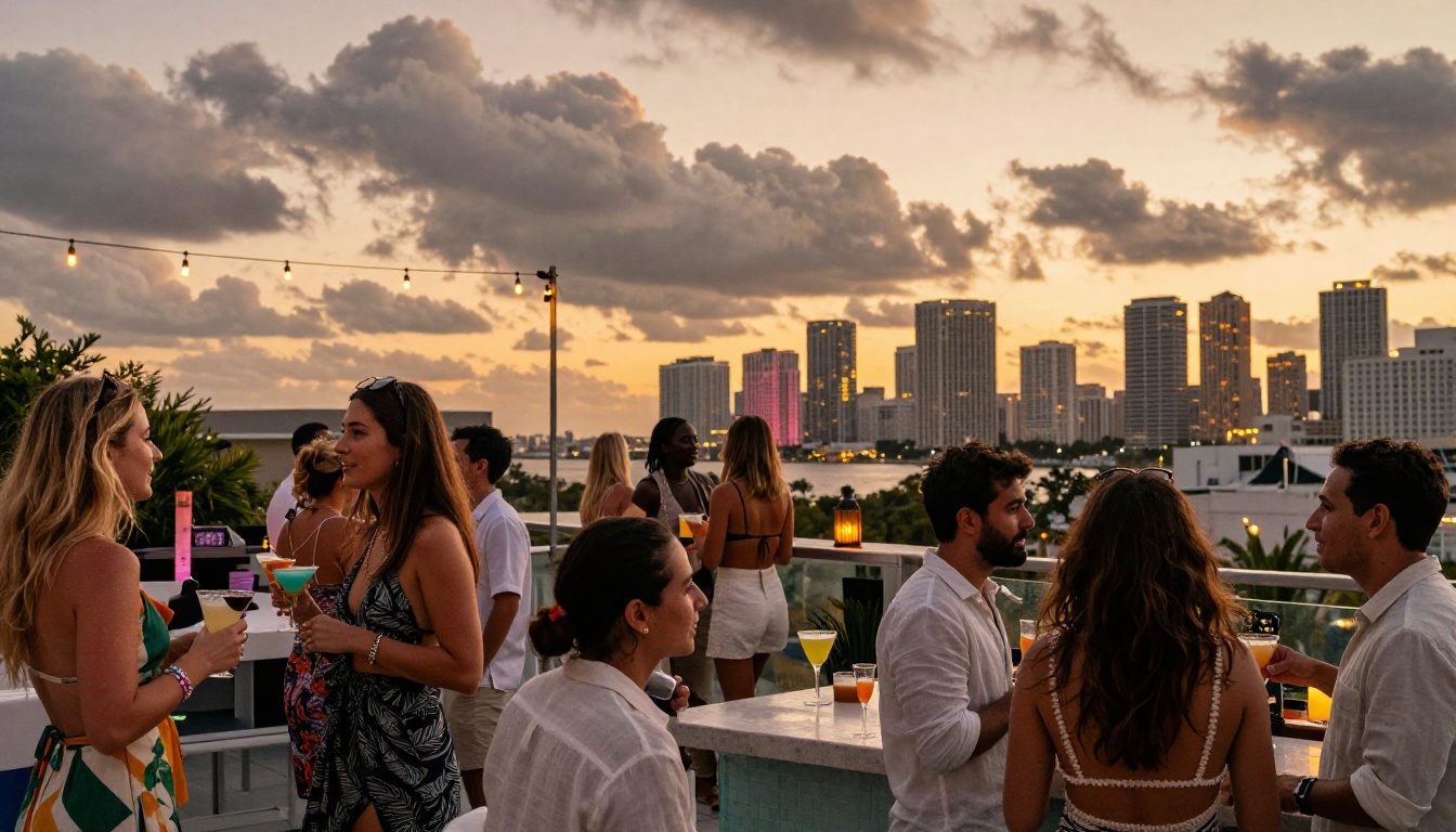 Rooftop party at golden hour with Miami skyline, diverse group of beautiful people