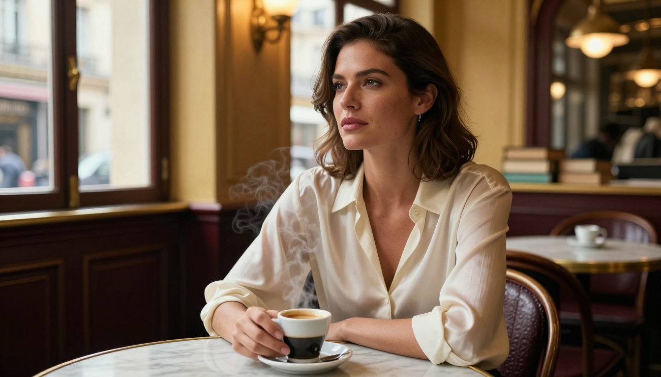 Photorealistic portrait of a confident woman at a Parisian brasserie with silk blouse fabric detail and authentic interior ambience