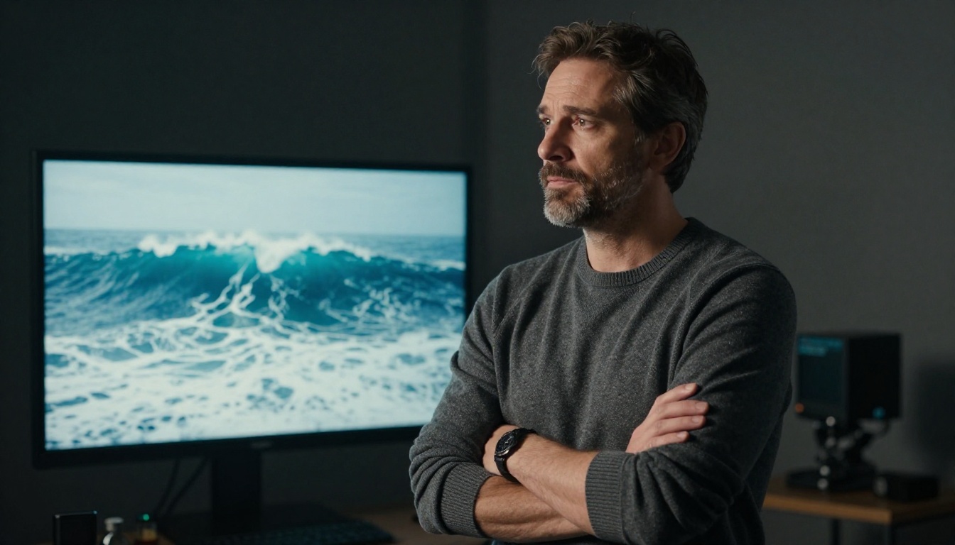 A confident male video director with arms crossed studying cinematic ocean wave footage on a studio monitor
