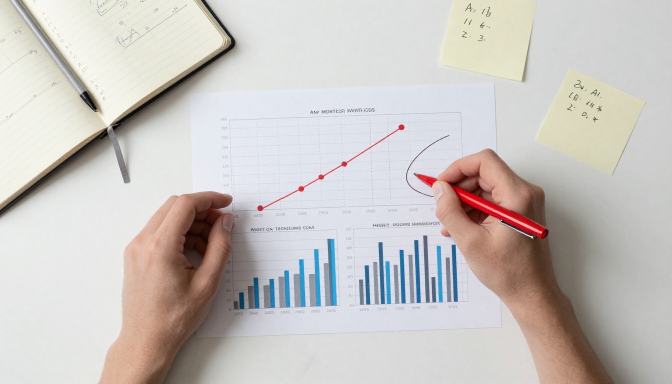 Overhead view of printed benchmark charts on a desk with a hand annotating data points