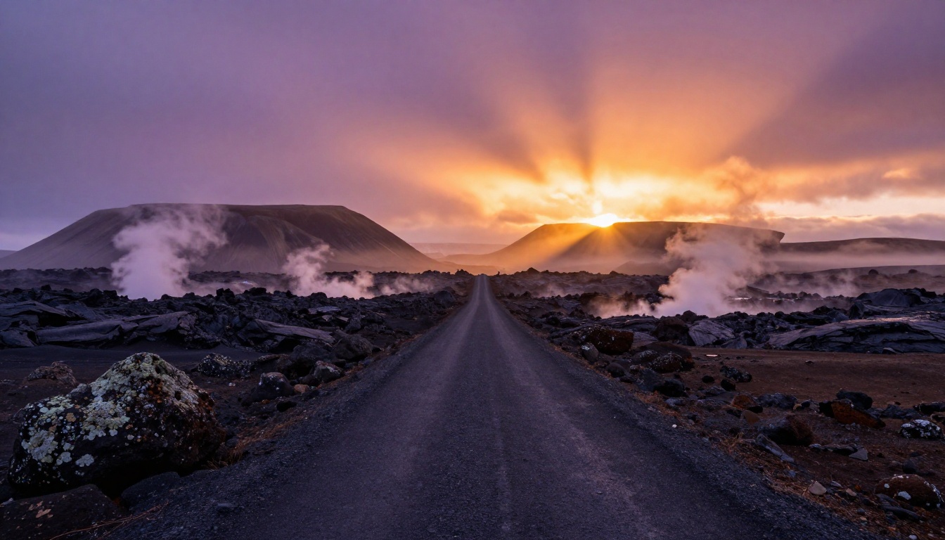 A dramatic Icelandic volcanic highland landscape at sunrise with volumetric golden light rays