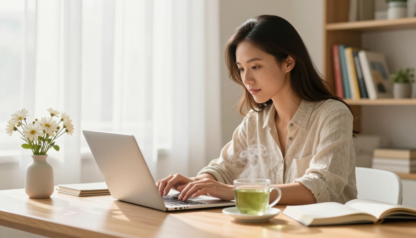 Female content writer working at a bright home office with warm afternoon light