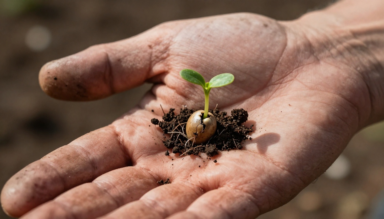 Photorealistic close-up of weathered hands holding fresh soil with a sprouting seedling, visible root hairs, and natural earth textures