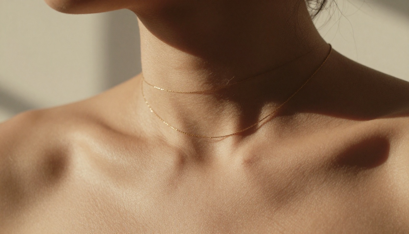 Close-up texture study of bare shoulder and collarbone with side window light