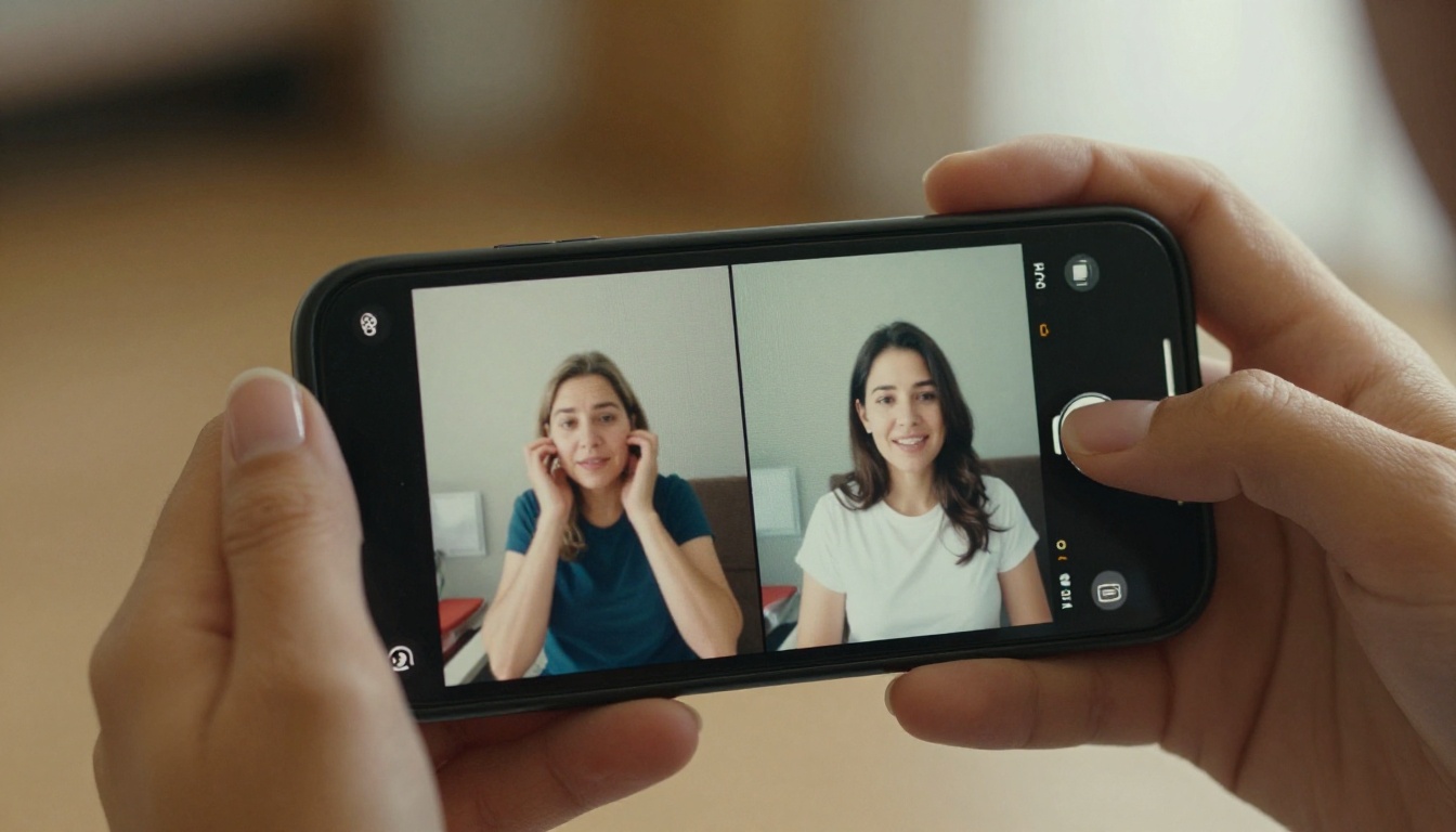 A woman holding a smartphone showing a side-by-side AI video quality comparison A woman holding a smartphone showing a side-by-side AI video quality comparison