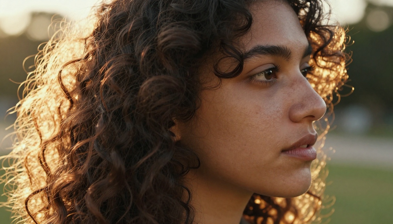 Photorealistic side-profile portrait with natural curly hair backlit by golden hour sun showing translucent highlights and authentic skin tones