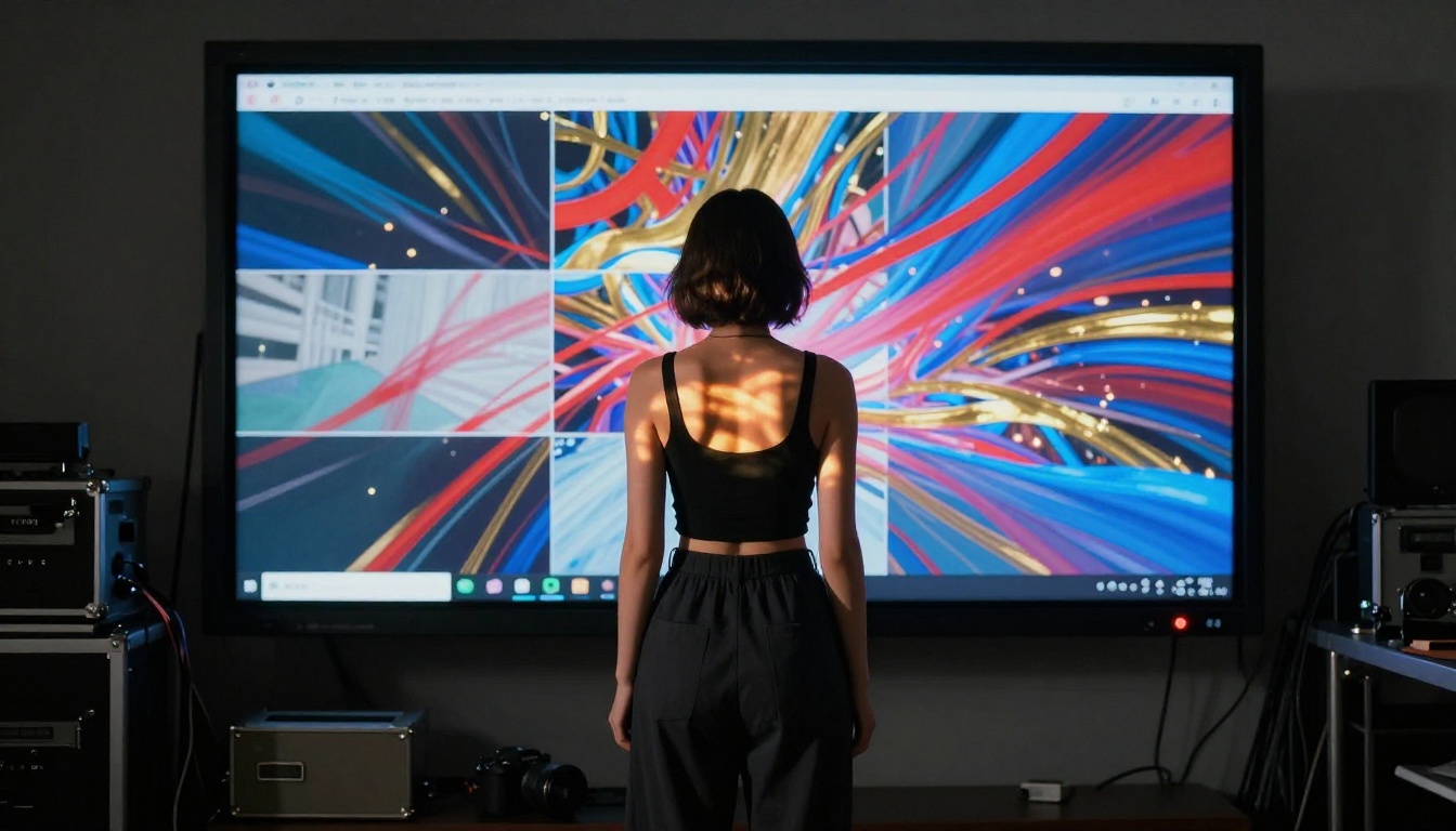 Woman in studio with colorful abstract video frames on screen, bare back illuminated