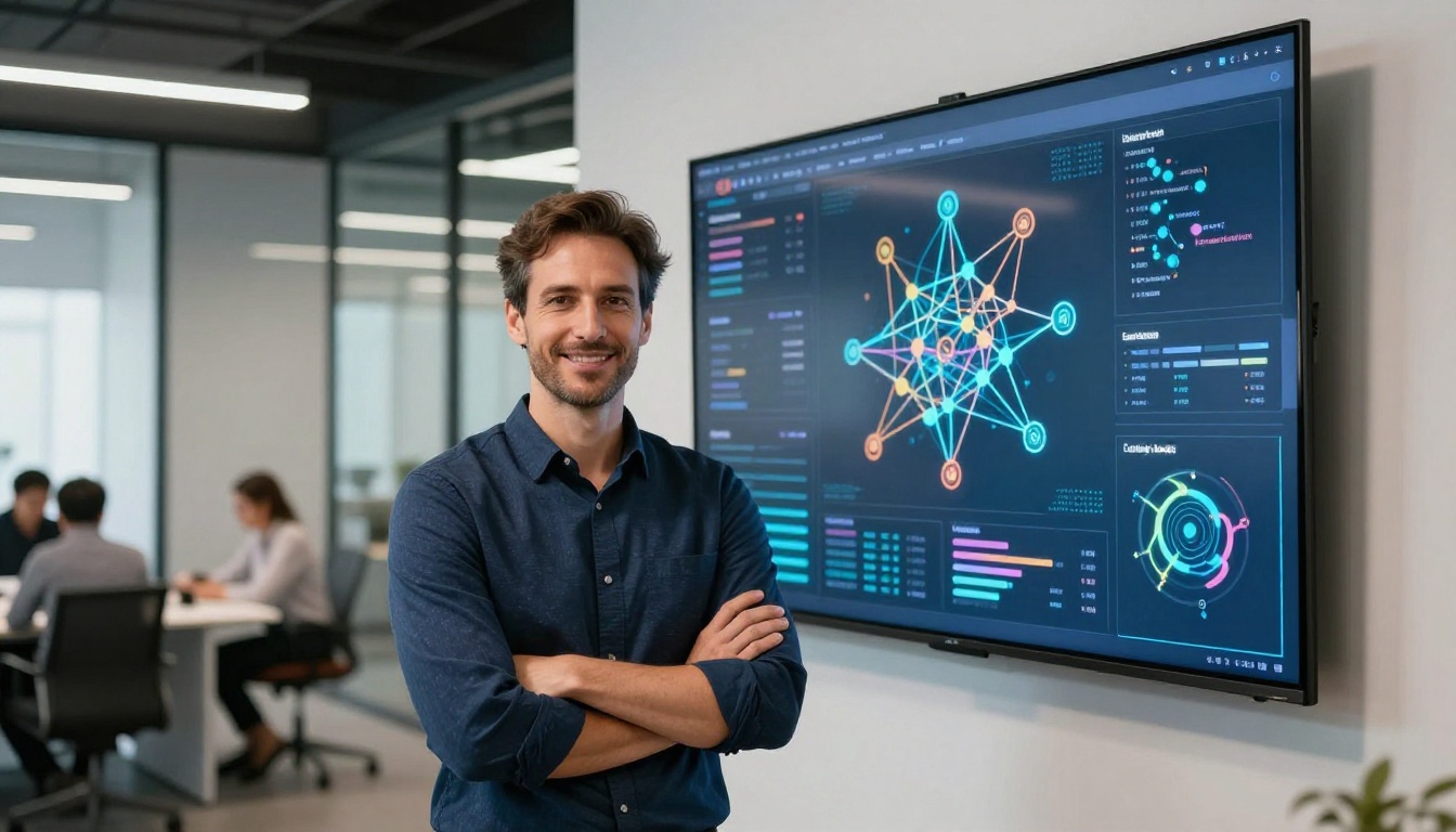 Data scientist standing in front of a large wall-mounted screen with data visualizations in a modern tech office