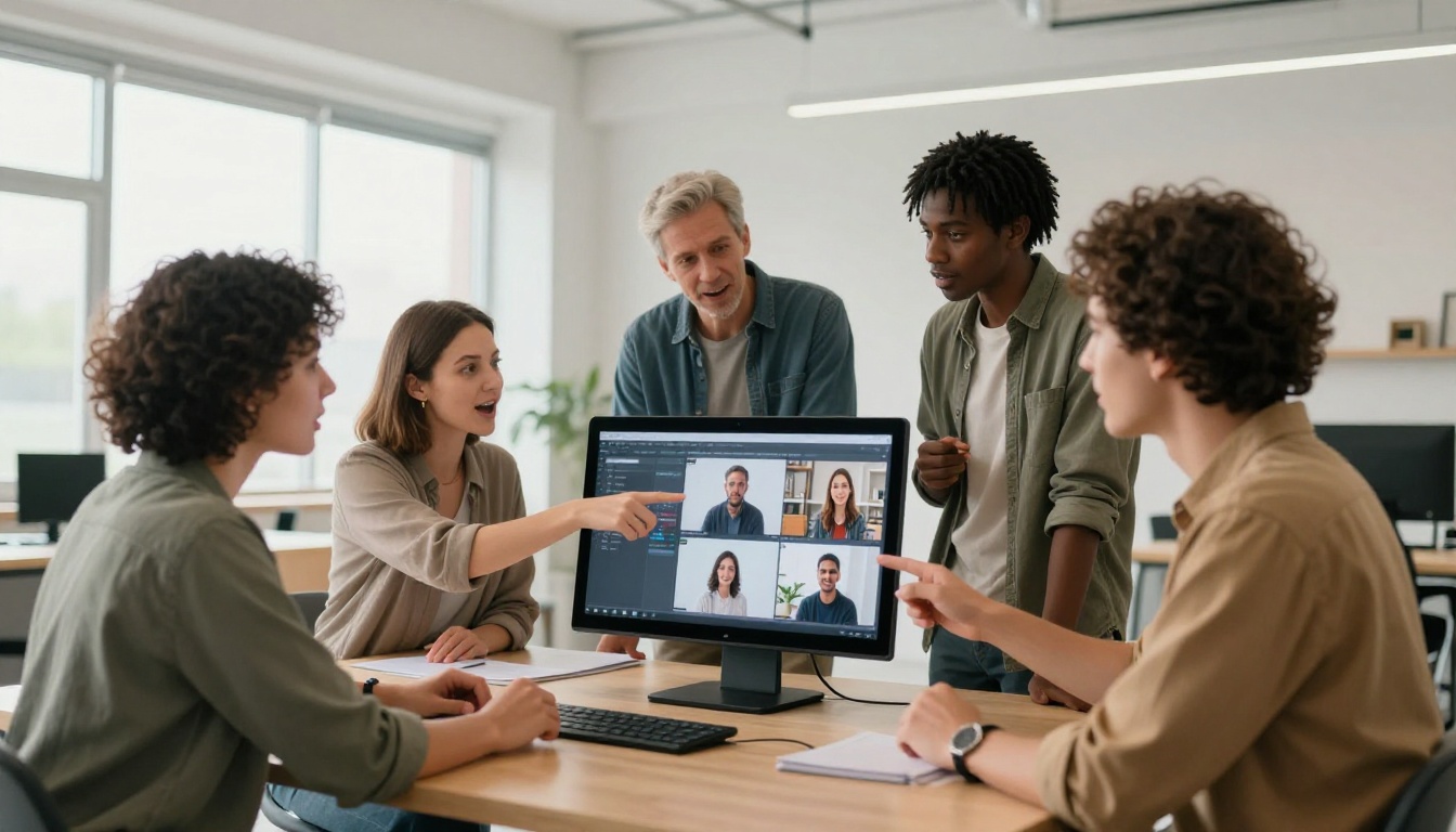 A diverse team of three professionals collaborating around a touchscreen display in a Scandinavian co-working space A diverse team of three professionals collaborating around a touchscreen display in a Scandinavian co-working space