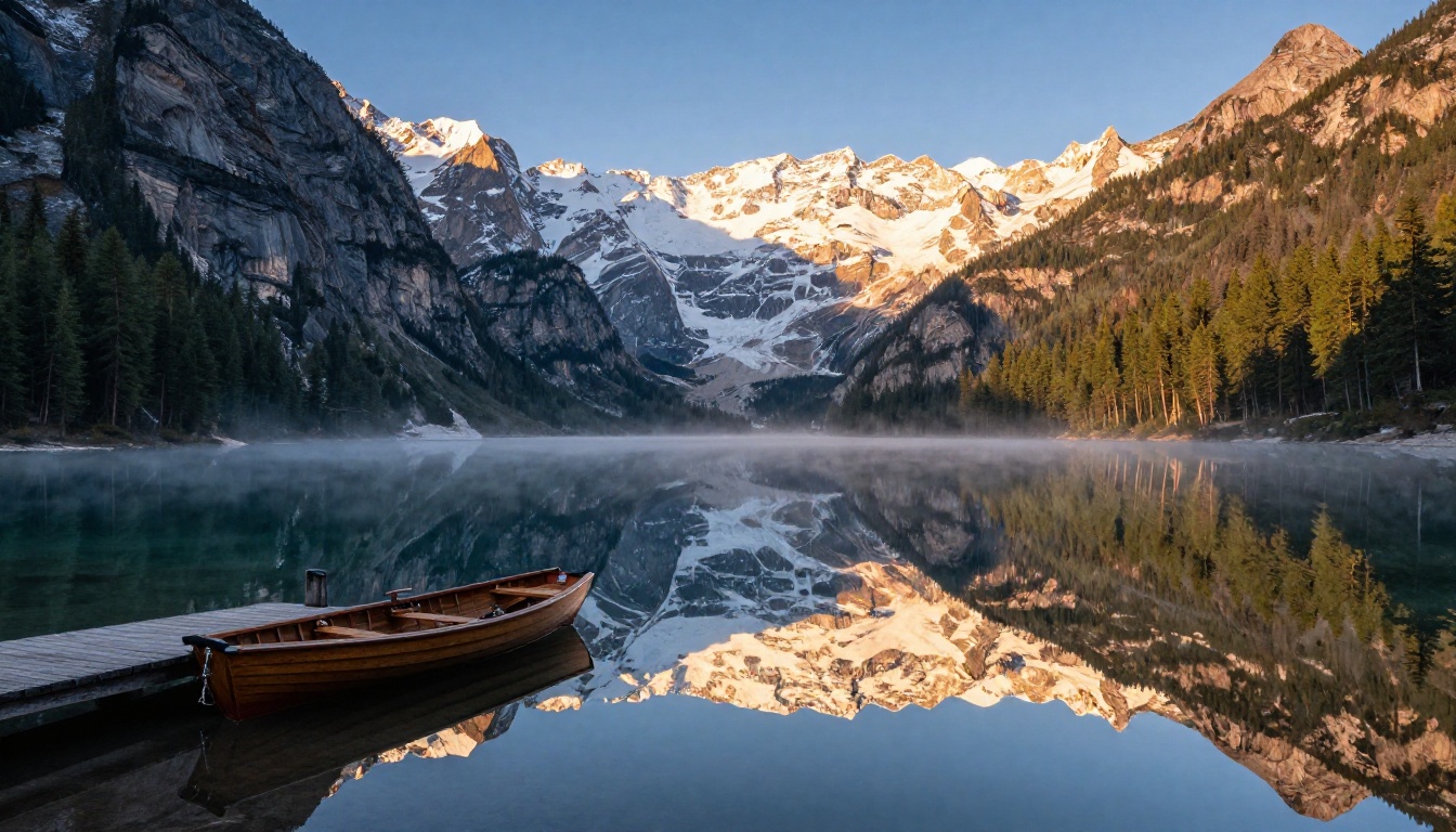 Photorealistic wide-angle mountain lake at dawn with perfect mirror reflections, morning mist on the water, and alpenglow on the summit peaks