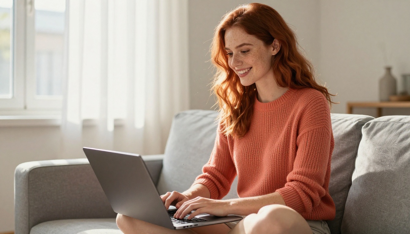 A woman with auburn hair and freckles smiling while working on a laptop on a bright modern sofa