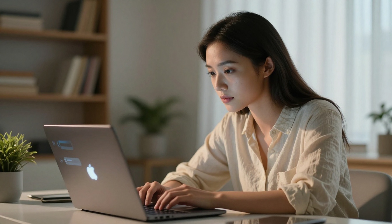 Professional woman using an AI chat interface on her laptop in a warm home office