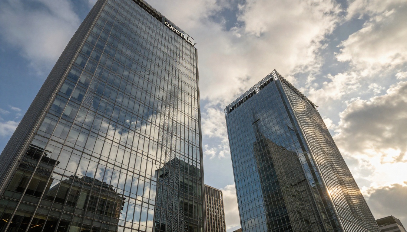 Low-angle view of two glass office buildings against a morning sky