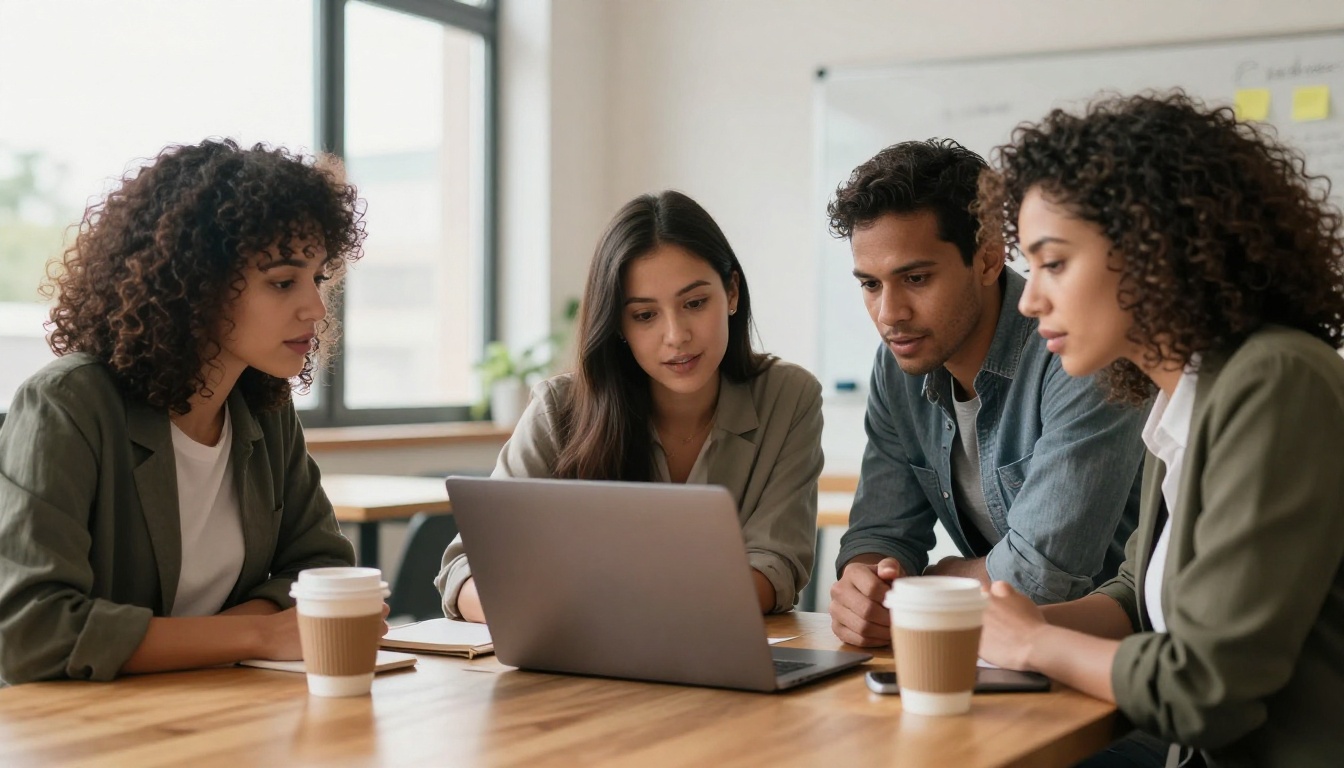 Diverse business team gathered around a shared laptop in a modern co-working space