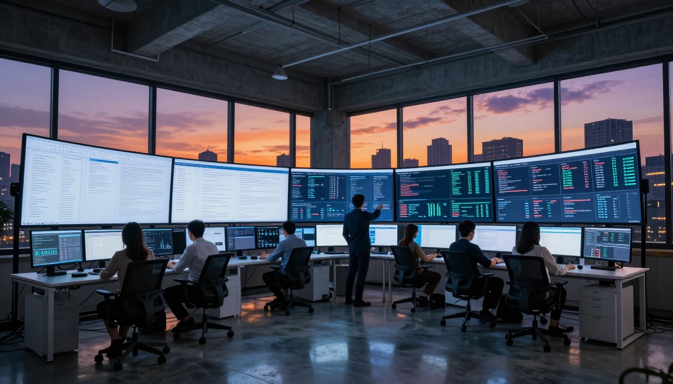Wide-angle view of a modern technology research office at dusk with multiple monitors and city skyline