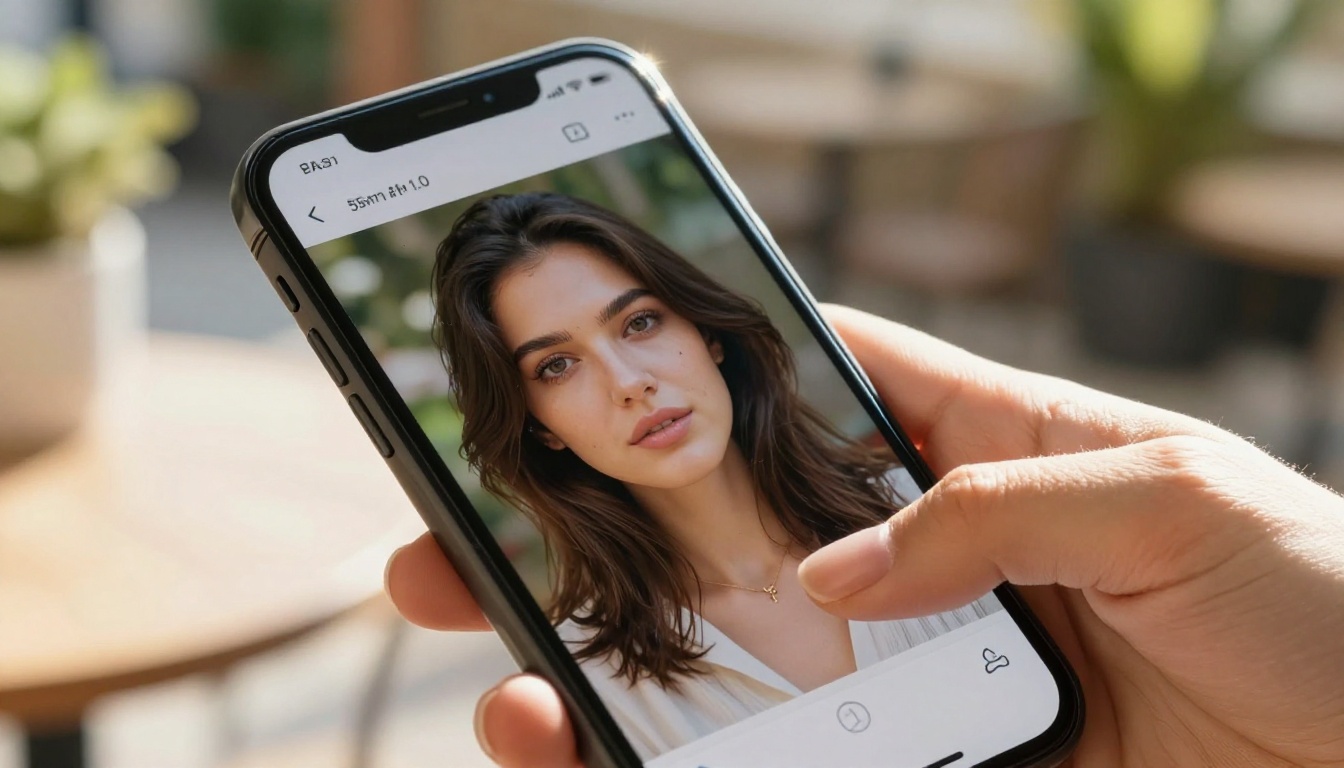 Woman's hand holding a smartphone displaying an AI image generation app at an outdoor cafe
