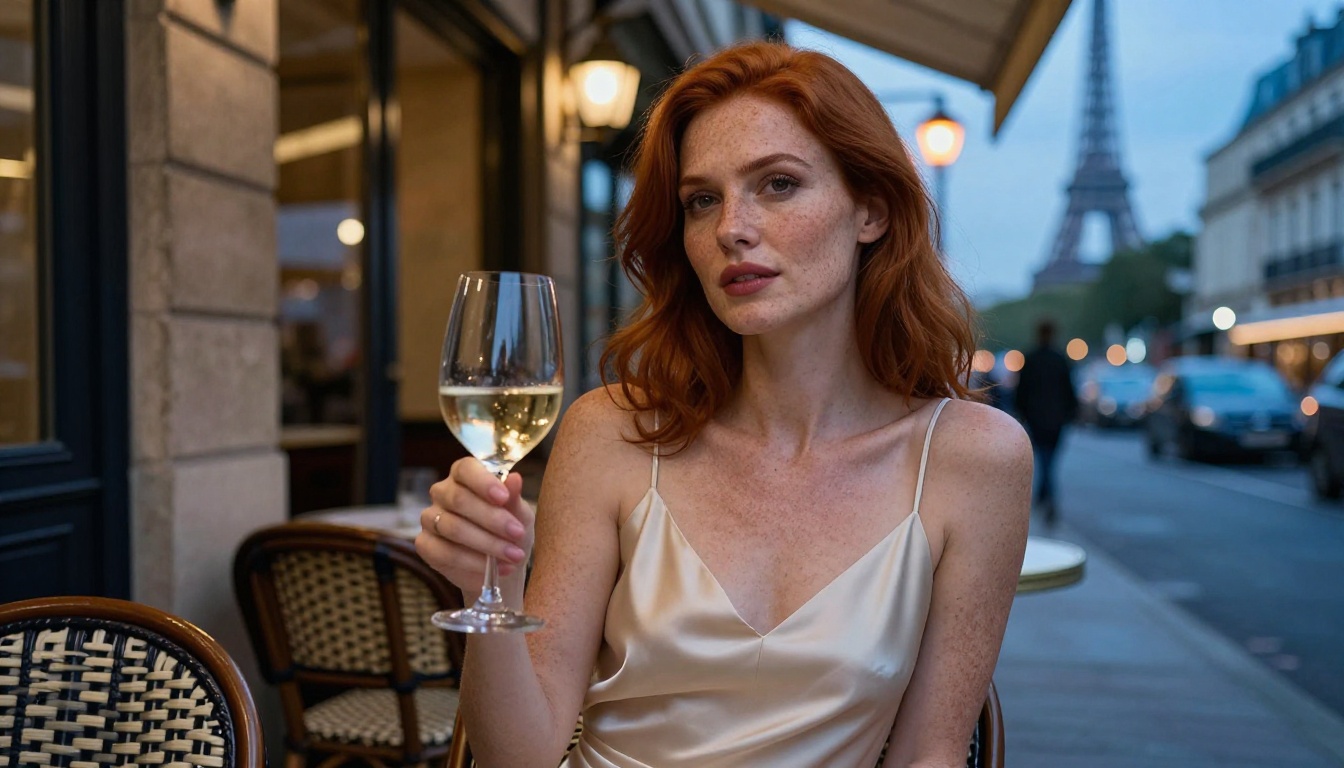 Woman at Paris cafe at dusk Woman at Paris cafe at dusk