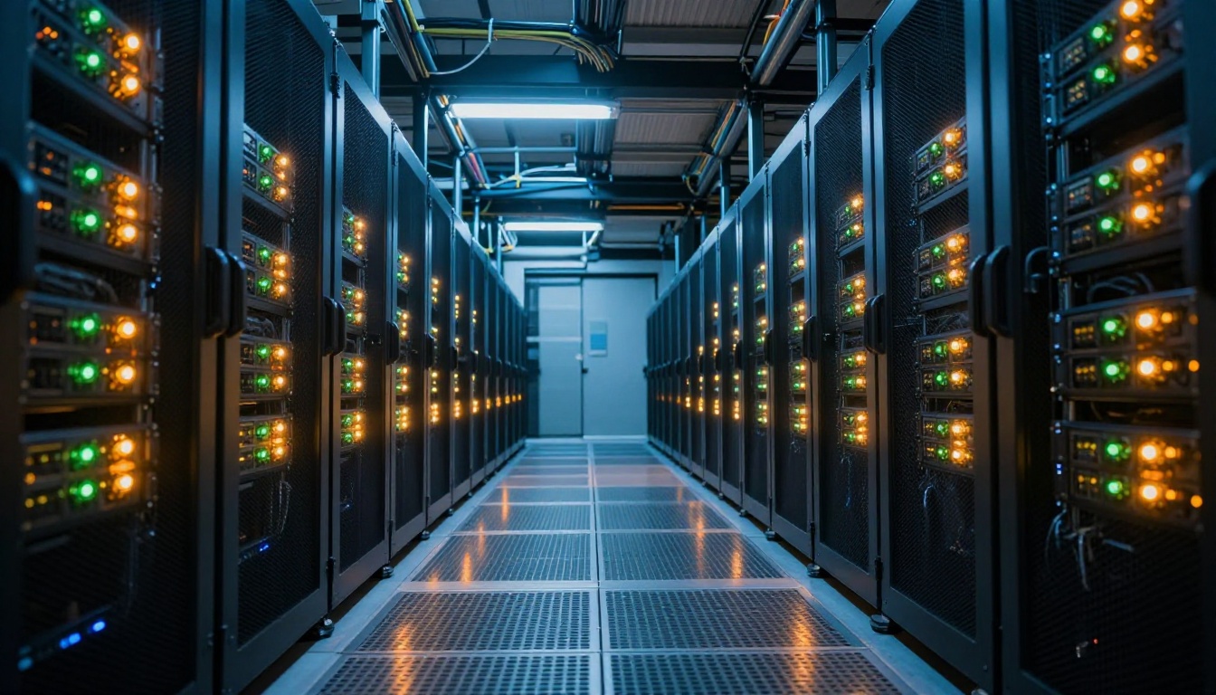 Low-angle photograph inside a large data center with rows of server racks and blue ambient lighting Low-angle photograph inside a large data center with rows of server racks and blue ambient lighting