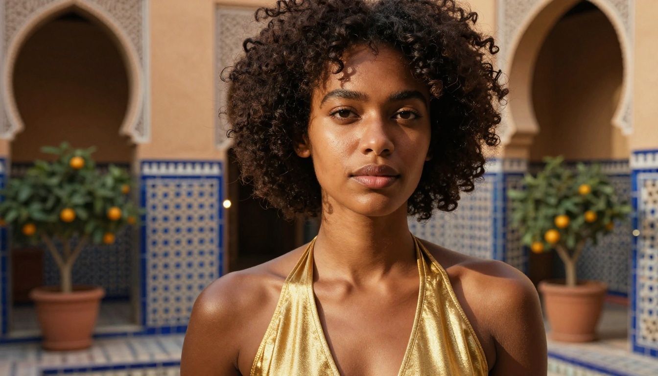 Woman with afro in Moroccan riad Woman with afro in Moroccan riad