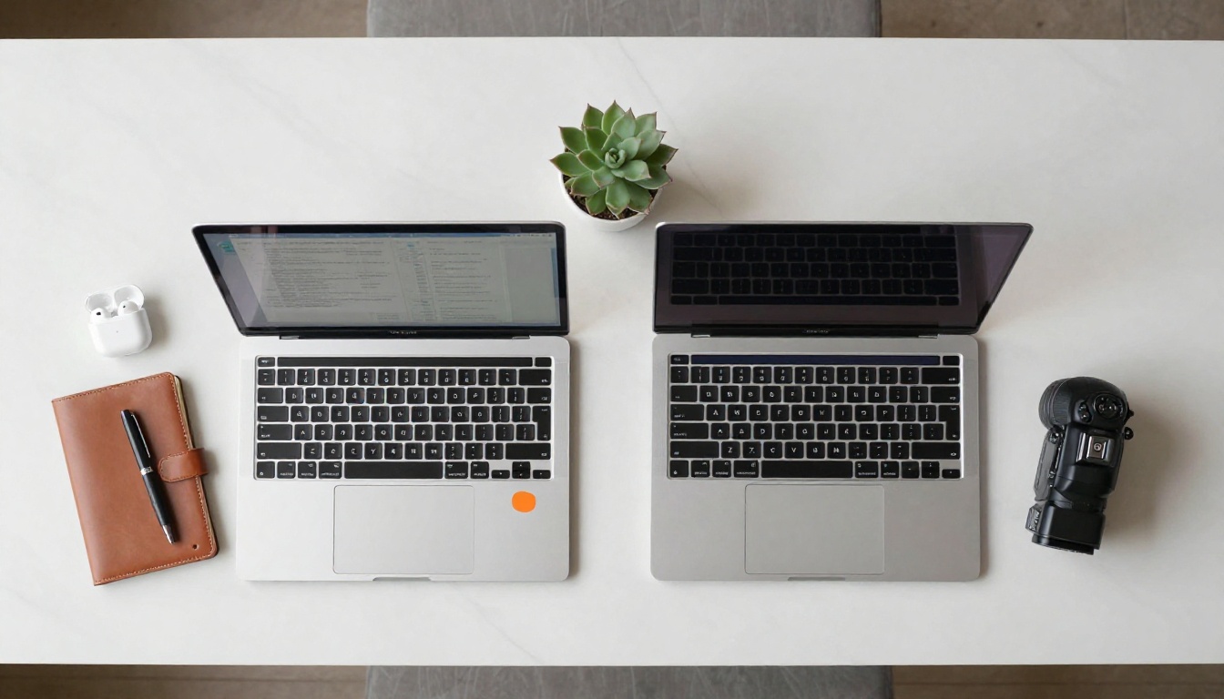Aerial flat-lay view of two open laptops side by side on a white marble desk with notebook and earphones Aerial flat-lay view of two open laptops side by side on a white marble desk with notebook and earphones