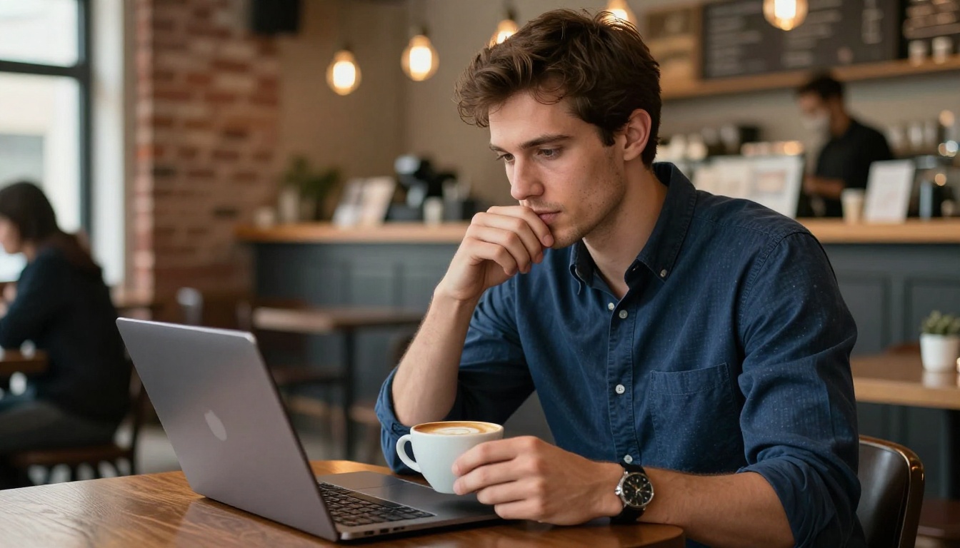 Man at a specialty coffee shop working on a laptop with an AI chat interface, warm ambient lighting