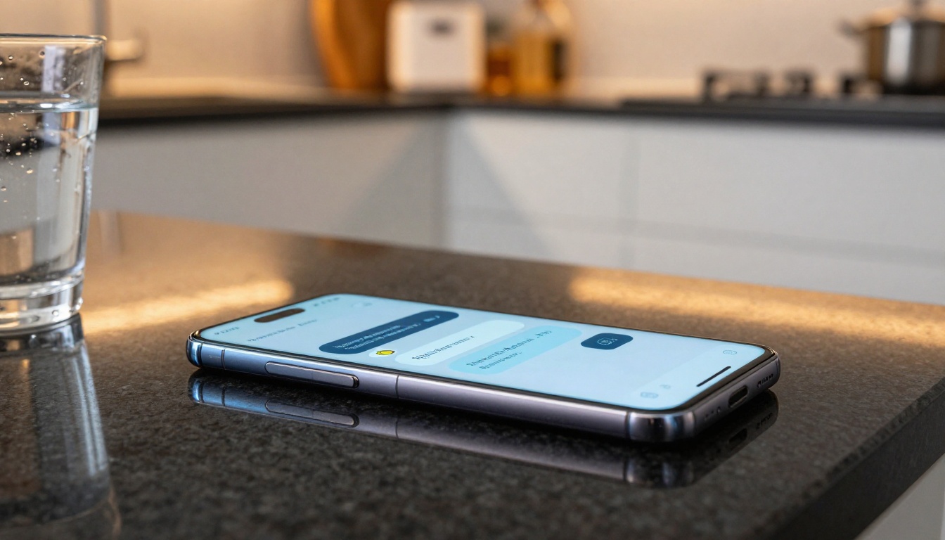 Smartphone on a granite countertop displaying an AI assistant conversation interface with warm kitchen lighting Smartphone on a granite countertop displaying an AI assistant conversation interface with warm kitchen lighting