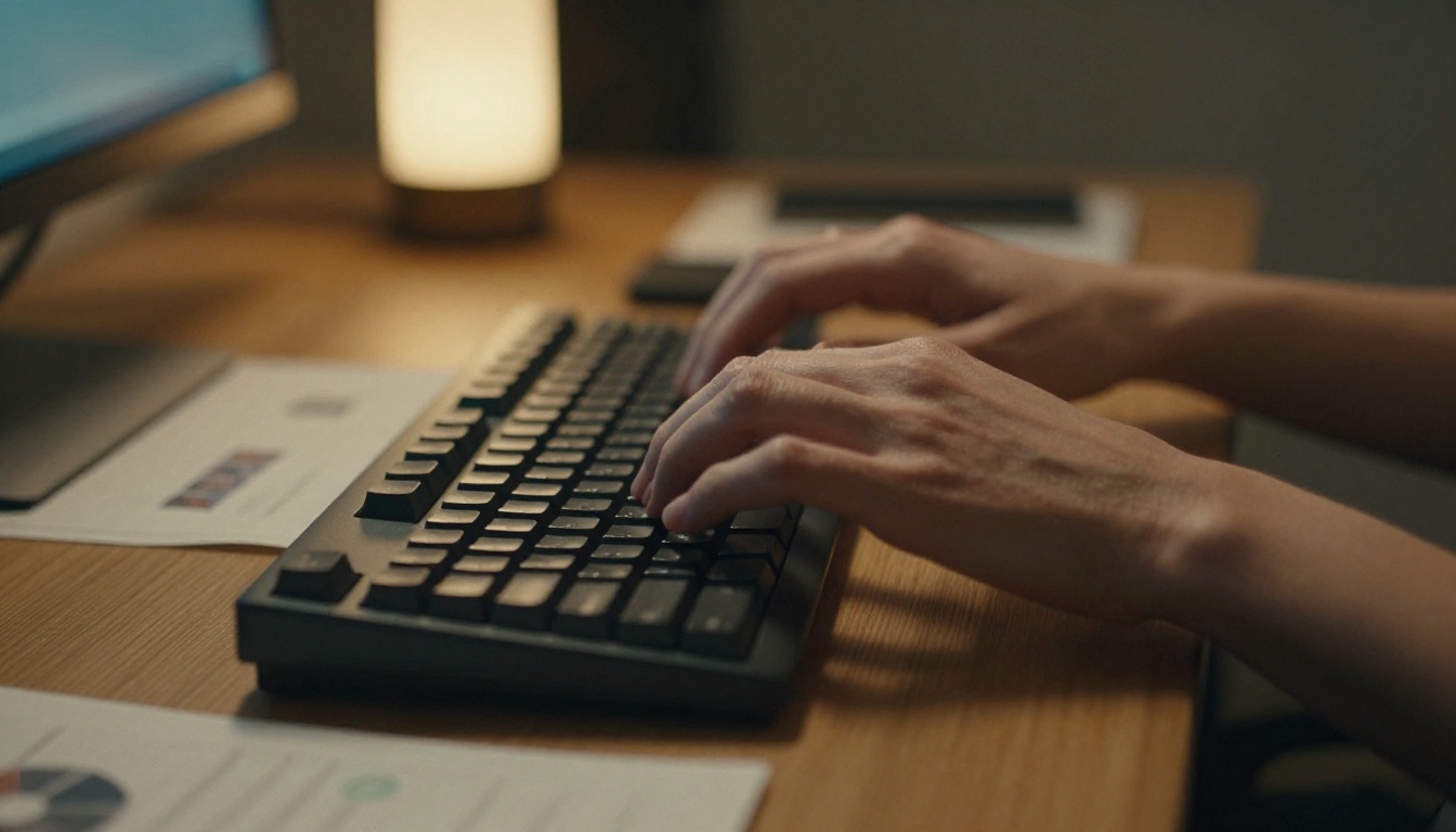 Hands typing rapidly on a mechanical keyboard with benchmark charts out of focus on the desk