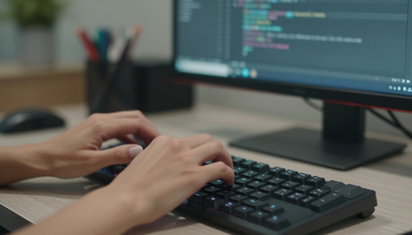 Close-up of hands typing fast on a mechanical keyboard with code visible on screen