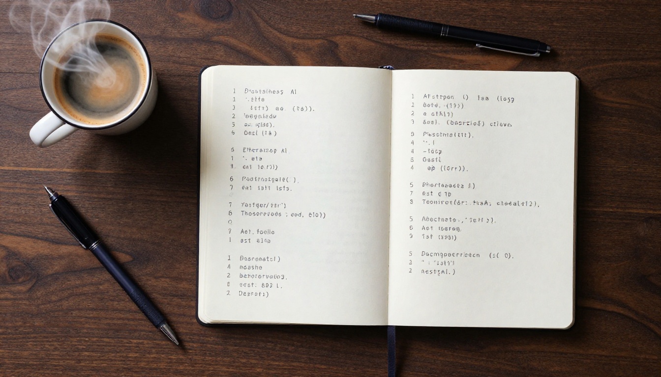 Aerial view of a minimalist desk with a notebook filled with handwritten AI benchmark numbers and an espresso