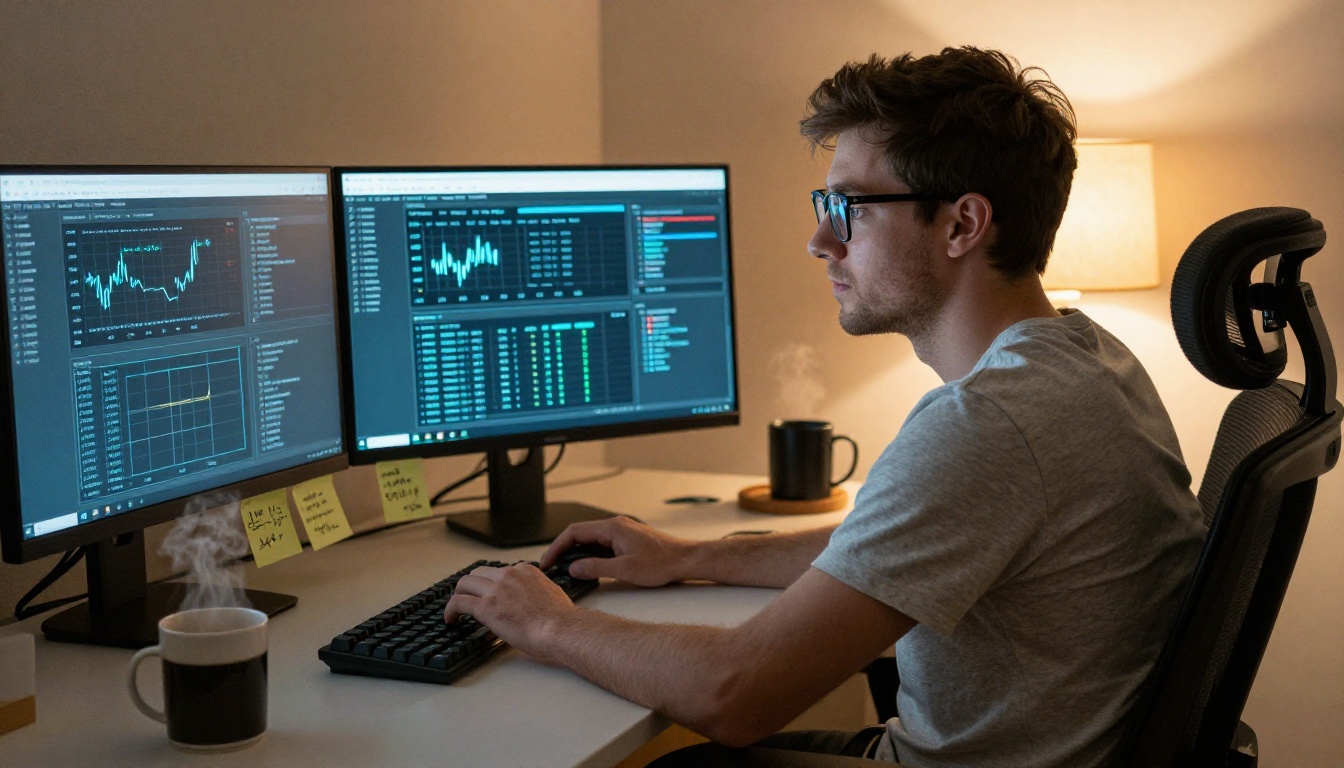 Developer reviewing AI benchmark results across multiple monitors