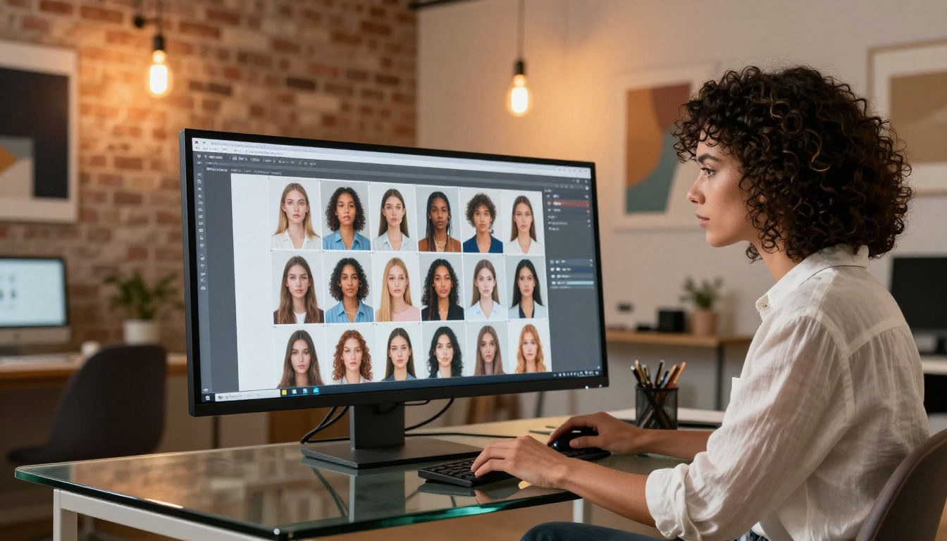 Woman creative professional studying AI-generated images on large studio monitor