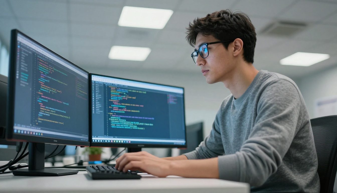 Low-angle view of a software engineer at a standing desk with dual monitors showing colorful code