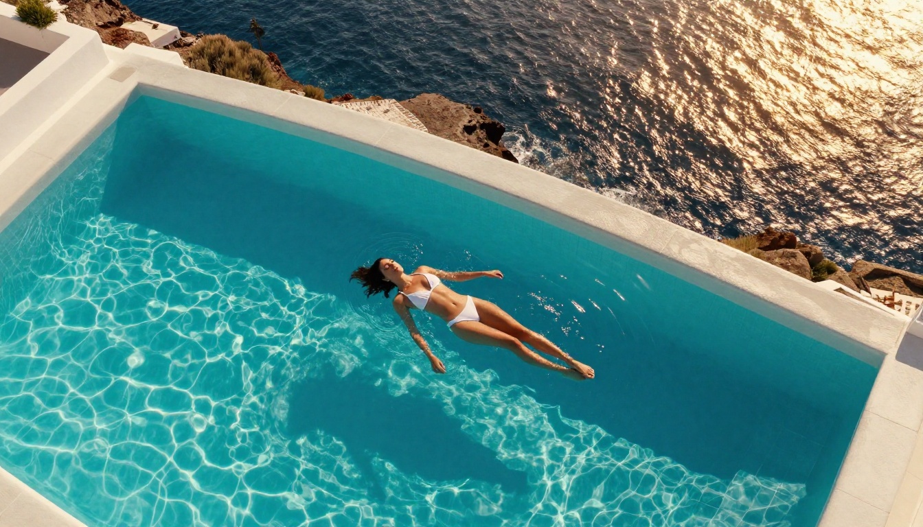 Aerial view of luxury infinity pool in Santorini, woman floating in turquoise water at golden hour