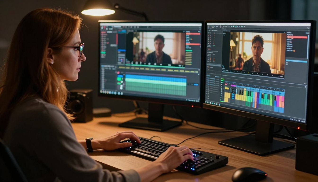 Professional video editor working at a dual-monitor editing suite Professional video editor working at a dual-monitor editing suite
