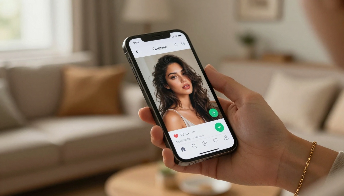 Smartphone displaying AI-generated portrait in warm living room setting