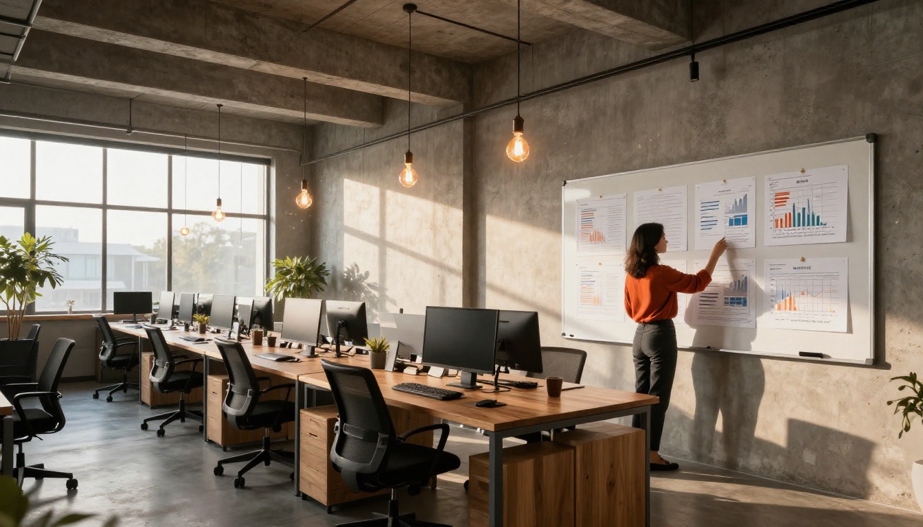Wide modern tech office with a woman reviewing AI performance charts on a whiteboard