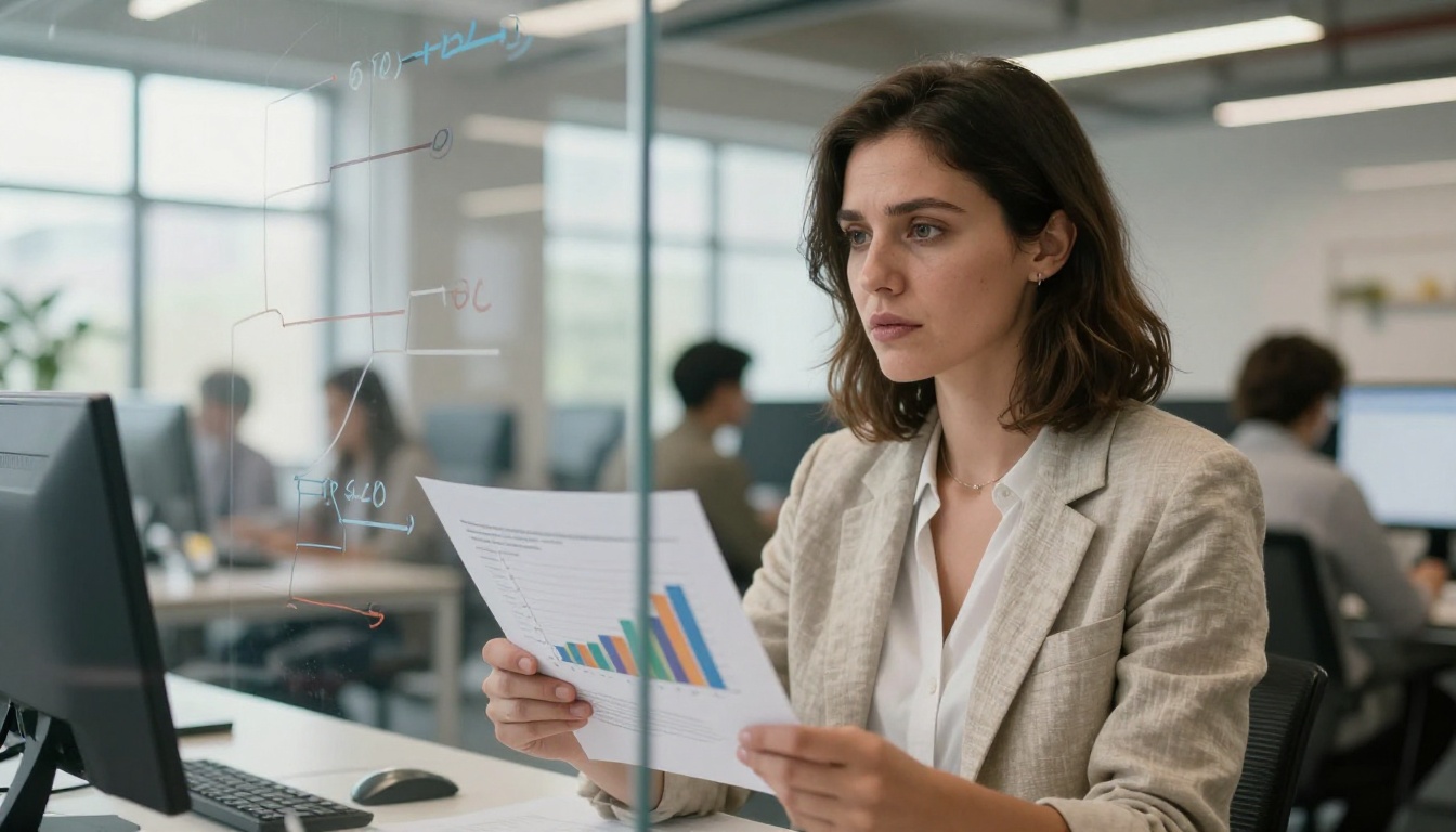 Data scientist reviewing printed benchmark reports in modern open-plan office