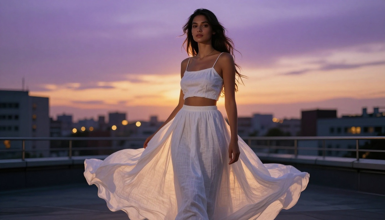 Young woman on rooftop at dusk with city lights and purple twilight sky