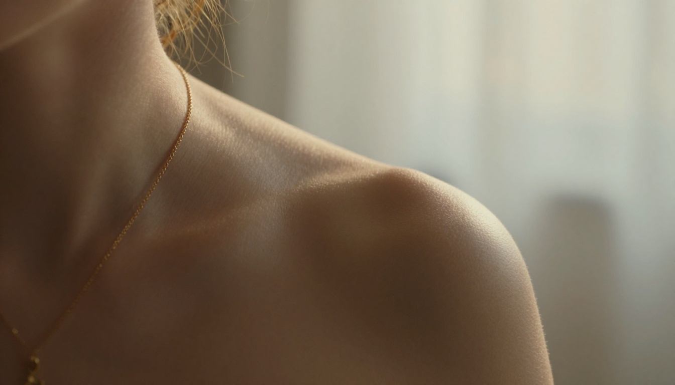 Macro close-up of a woman's bare shoulder and collarbone in warm afternoon light, gold chain necklace