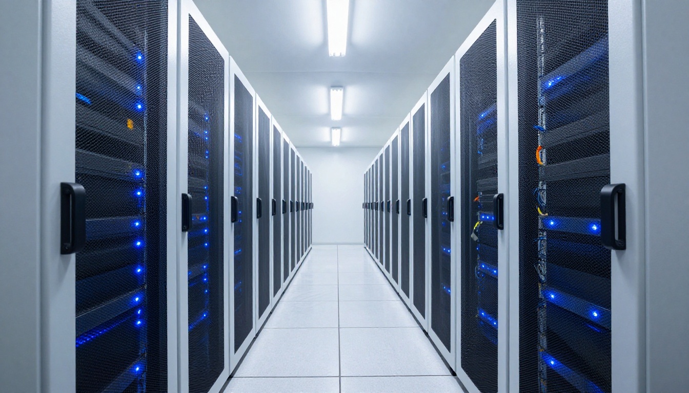 Two parallel server racks in a white data center with blue LED status lights