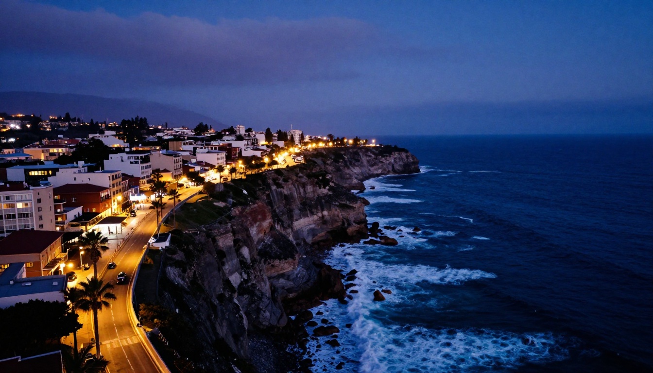 Aerial view of a coastal cliffside city at blue hour Aerial view of a coastal cliffside city at blue hour