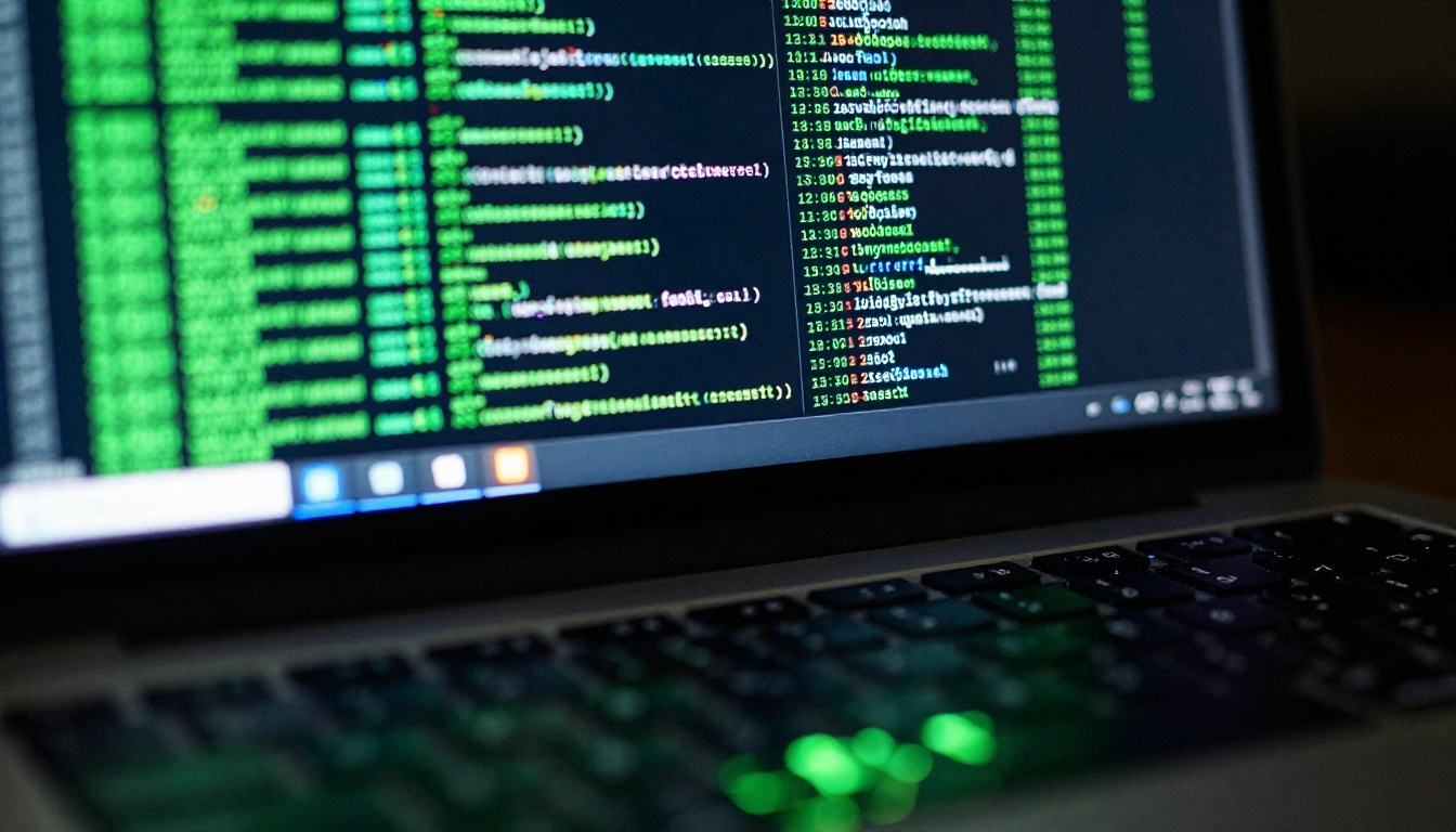Extreme close-up macro shot of a laptop screen displaying terminal output with green and white text