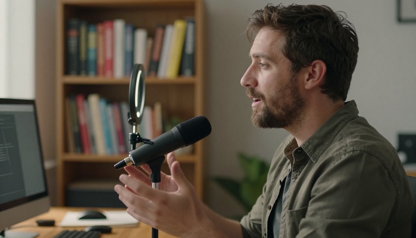 Professional speaking into microphone at wooden home studio desk in warm afternoon light