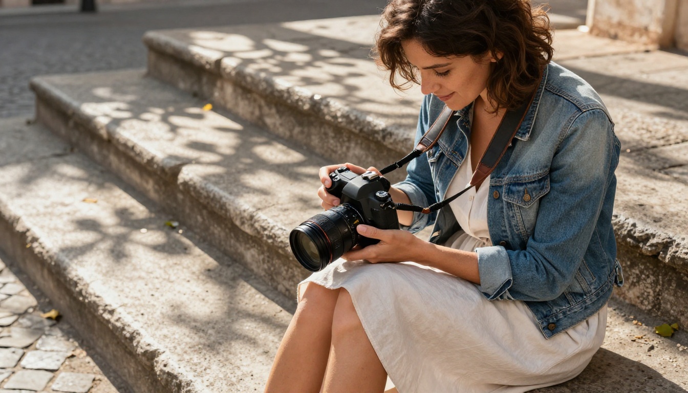 Woman photographer reviewing images on camera LCD on sunlit European piazza steps
