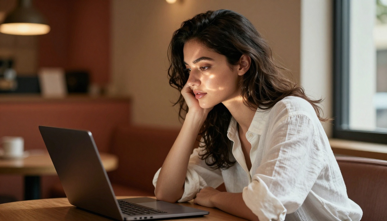 Young woman reading AI model outputs at a cafe table with warm natural light from the side