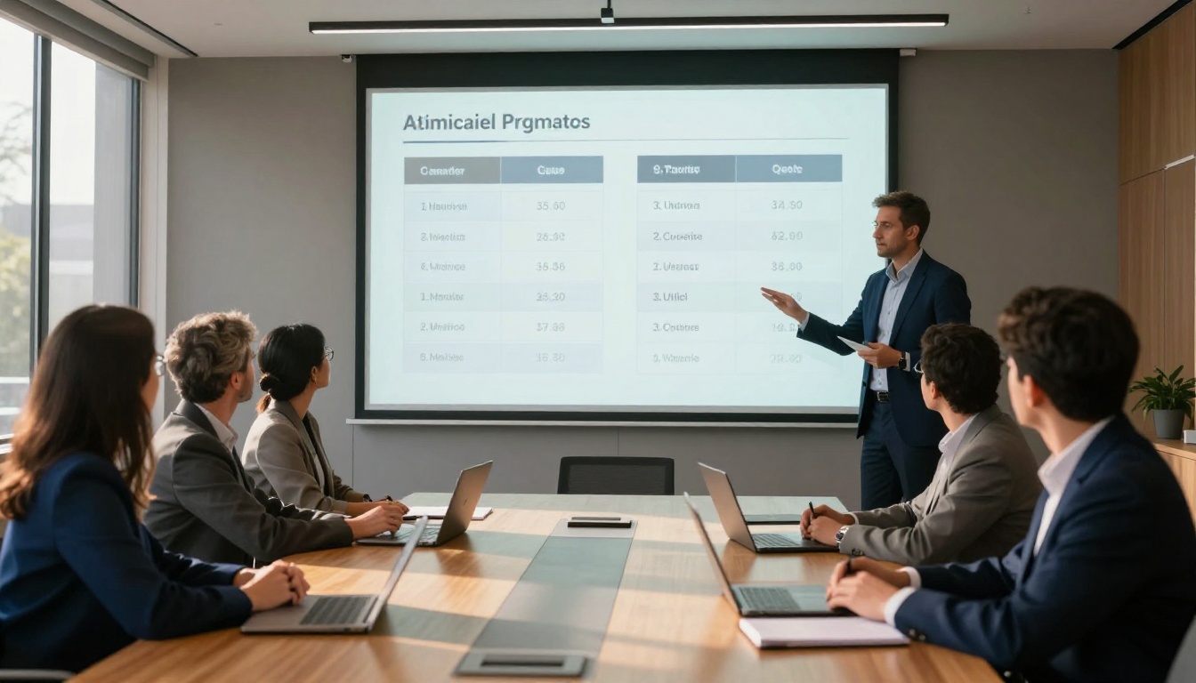 Product manager presenting AI model comparison data in a glass-walled boardroom
