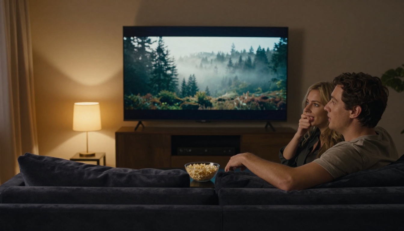 Couple watching cinematic content on a large television Couple watching cinematic content on a large television
