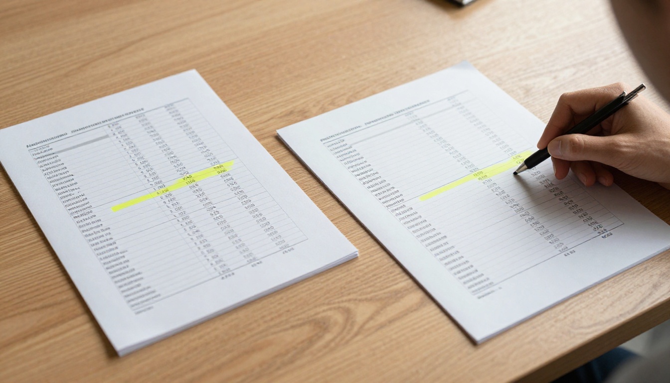 Two printed benchmark reports side by side on an oak table with a hand pointing at a highlighted data row